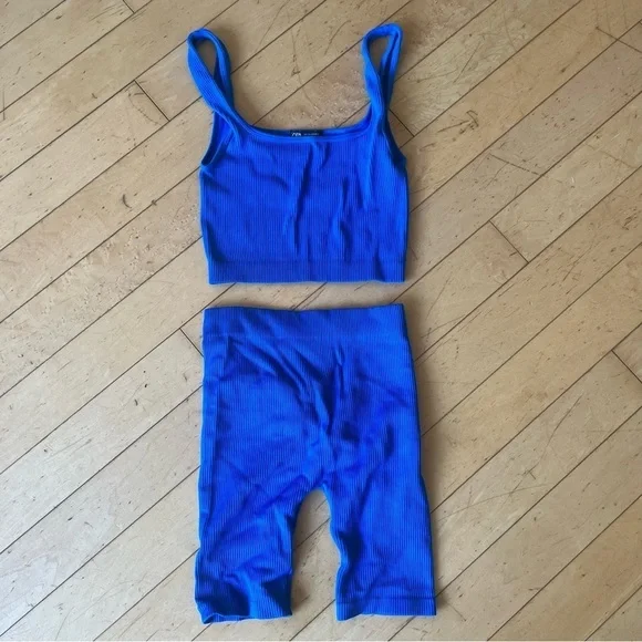Zara Blue Ribbed Matching Workout Set - Picture 2 of 9